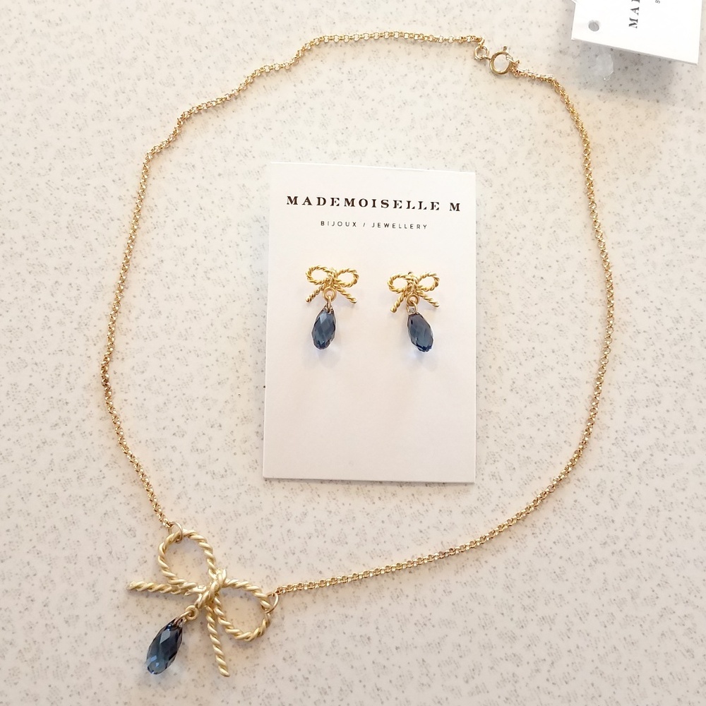 Blue crystals & bows - earrings & necklace set